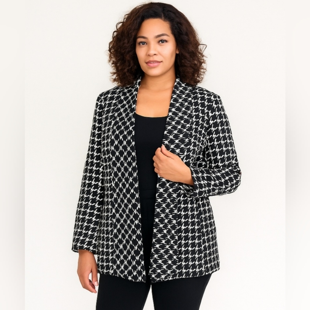 Ann Klein Black & White Houndstooth Plaid Open Front Blazer Jacket Size Small